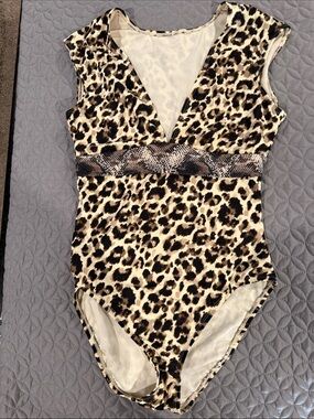 Leopard Print Soft Stretchy One-Piece Swimsuit - Tan/Black
